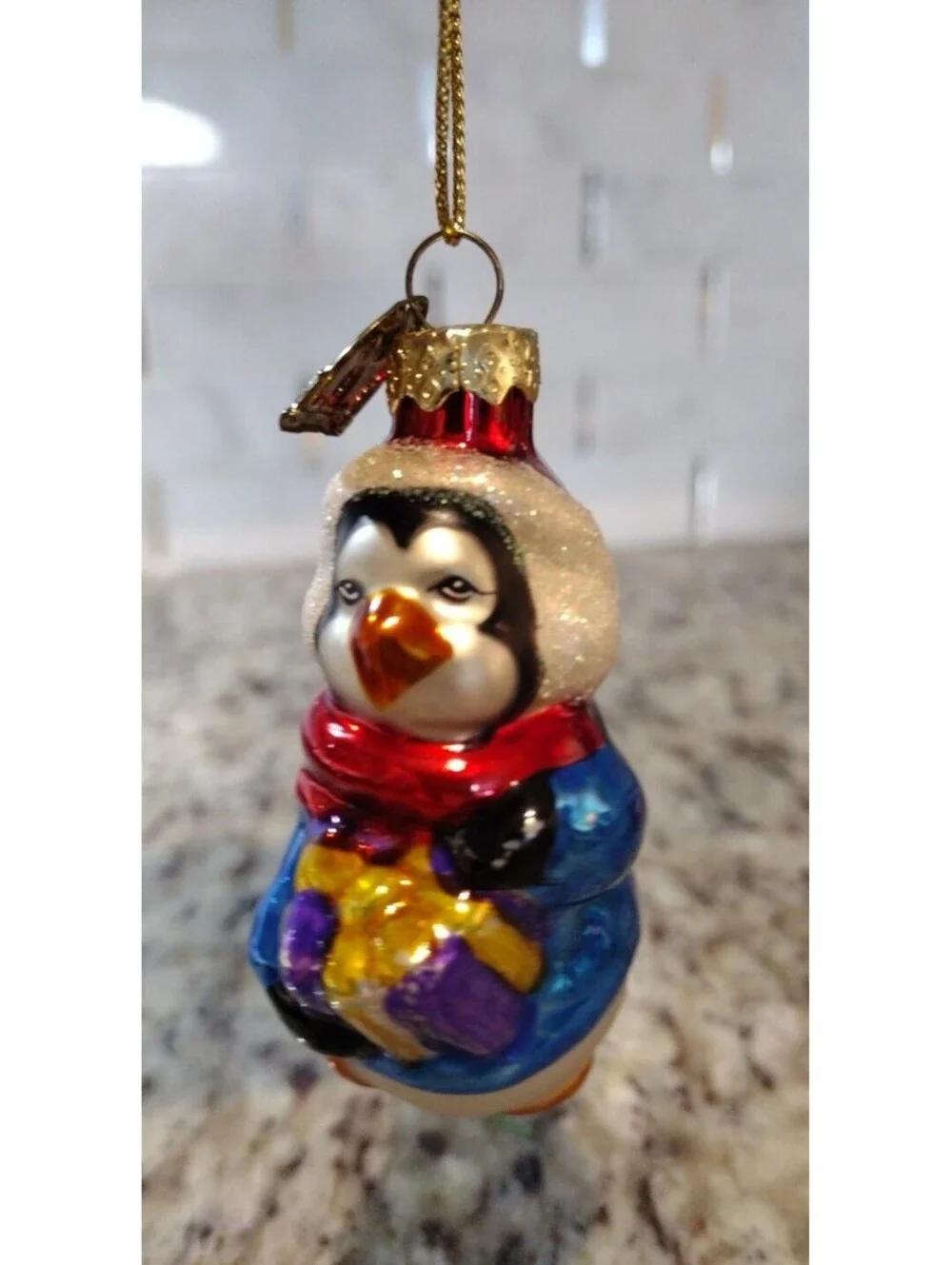 Vintage Penguin with Gift blown glass Christmas Ornament, 3